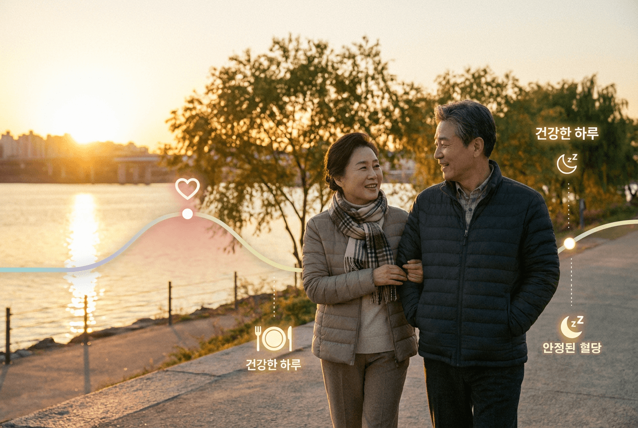 석양이 비치는 강가 산책로에서 중년 부부가 다정하게 팔짱을 끼고 걷는 모습과 함께, 식사·수면·안정된 혈당을 상징하는 아이콘과 곡선 그래프로 하루 혈당 리듬이 균형 있게 유지되는 건강한 일상을 표현한 이미지