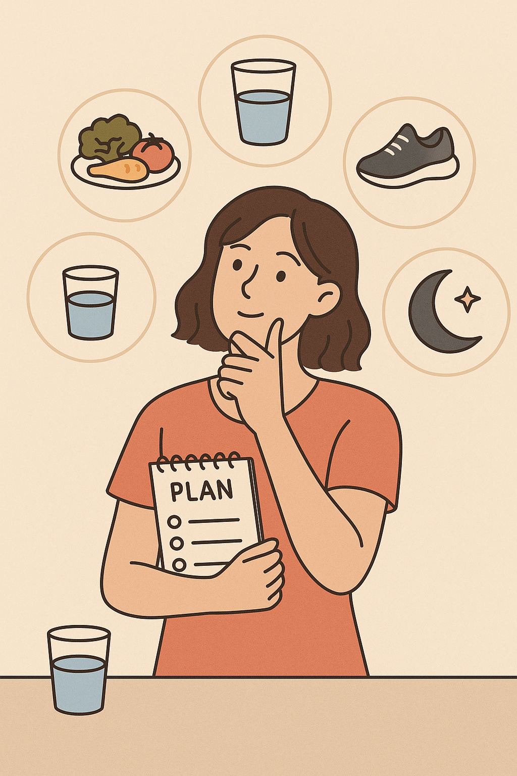 메모장과 펜을 들고 물컵, 채소, 운동화 등 건강 아이콘을 바라보며 계획을 세우는 여성의 모습 일러스트