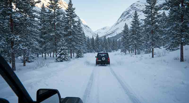 눈 덮인 도로에서 차량이 달리고 있는 장면