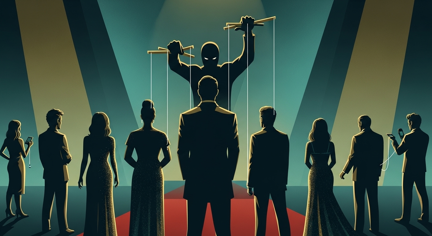 화려한 무대 뒤에서 그림자 같은 인물이 유명인들의 뒤에서 몰래 무언가를 조종하는 듯한 모습. 연예계 내부에 숨겨진 배신과 조작을 상징하는 삽화.