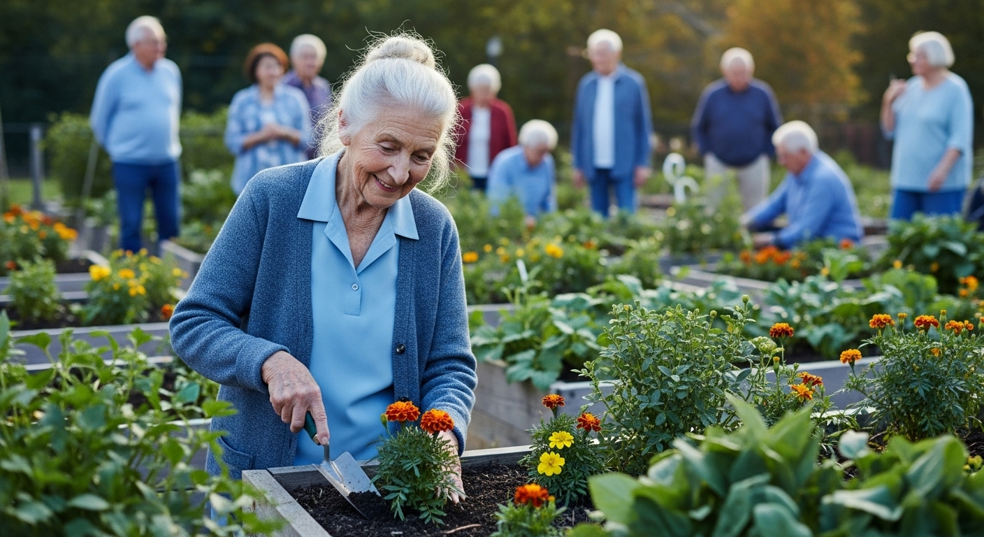 웃으며 공동체 일자리에 참여하는 노인. 사회 참여와 활기찬 노년의 모습을 담고 있다.
