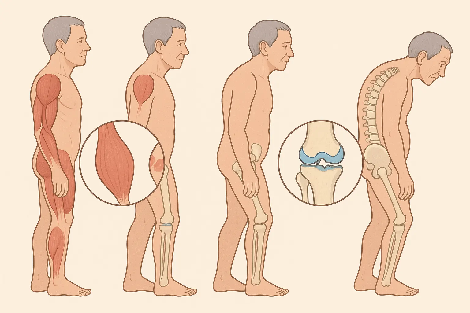 중년 이후 근육, 연골, 관절, 척추가 점차 퇴행하는 과정, 근육 감소와 연골 마모