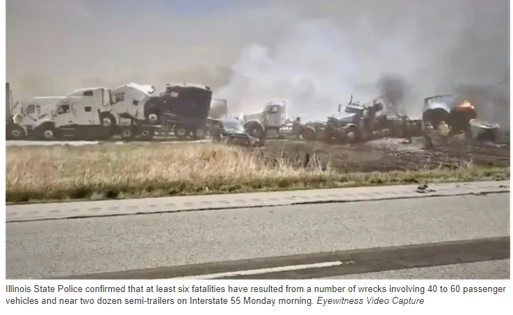 미 일리노이 I-55, 모래 폭풍으로 72대 차량 충돌...6명 사망 30명 이상 발생 VIDEO: 6 dead after dust cloud cause 60-car crash, closes Illinois highway for 28 miles