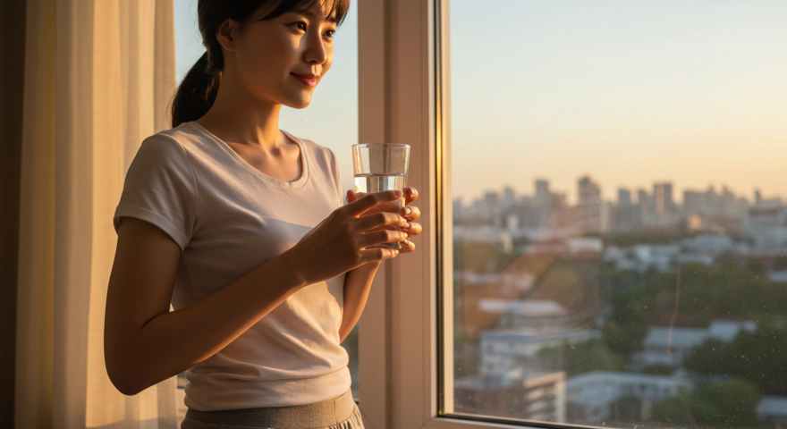 해가 뜨는 아침, 물 한 잔으로 하루를 시작하는 여성
