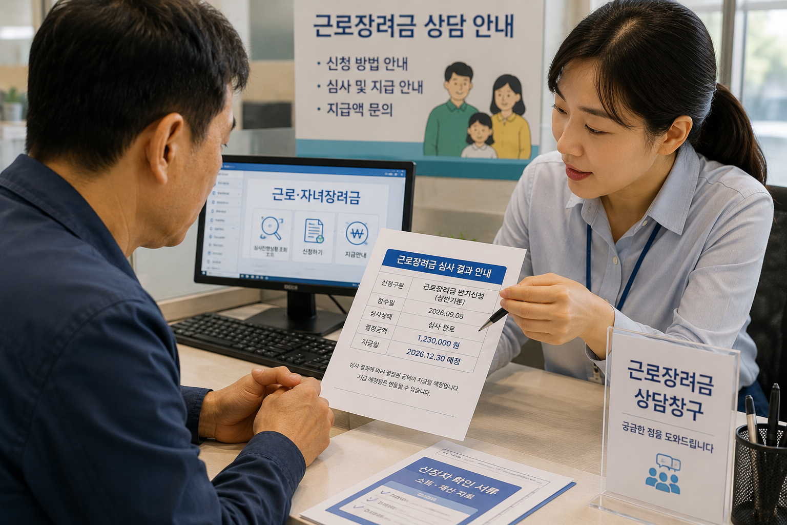 세무서 상담창구에서 지급액 차이를 문의하는 장면
