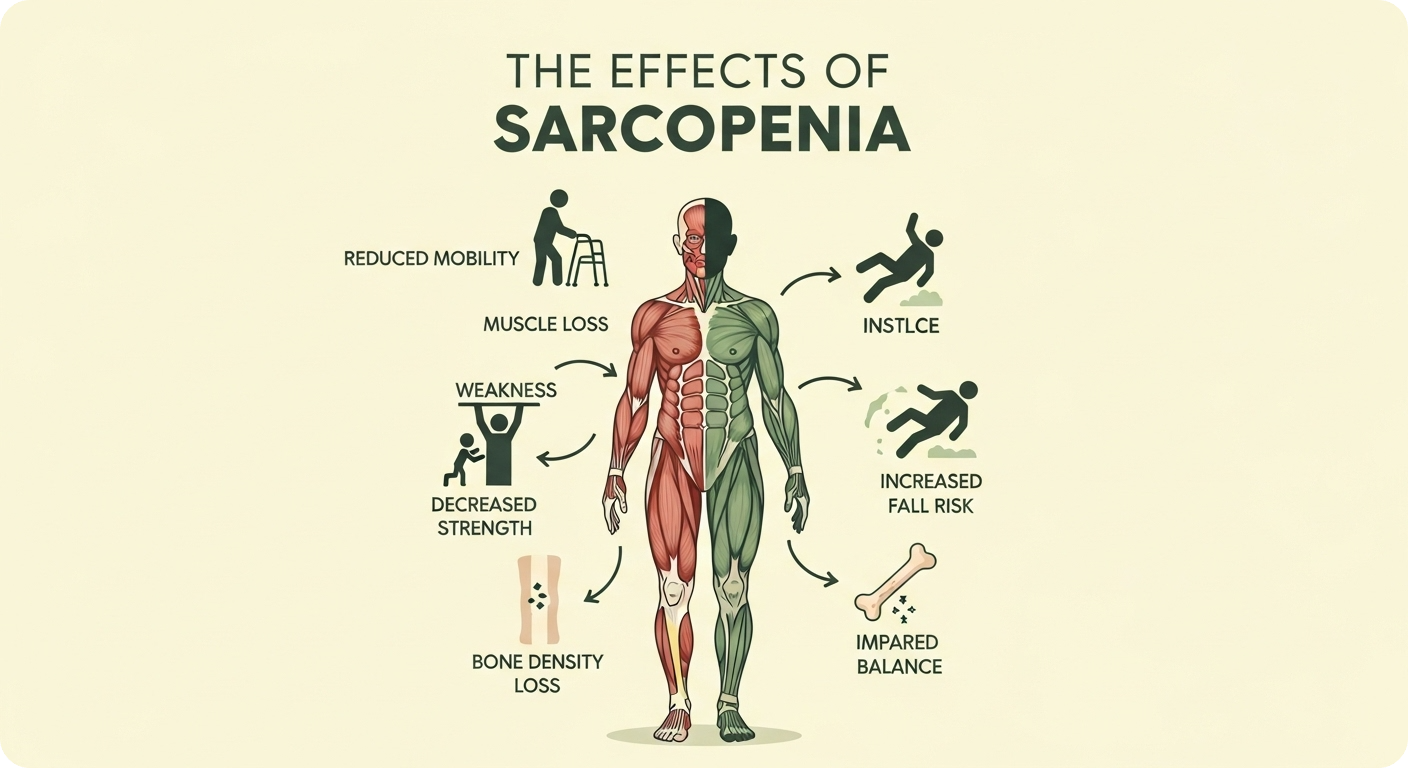 근감소증으로 인해 근육이 줄어들고 활동성이 저하되는 노인의 신체 변화를 보여주는 인포그래픽.