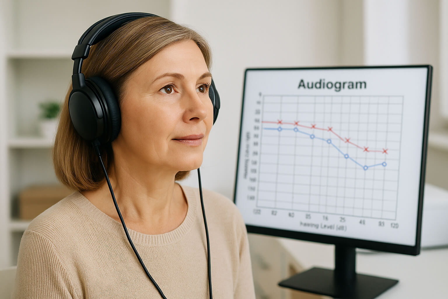 청력 검사를 받는 중년 여성(출처:자체제작)