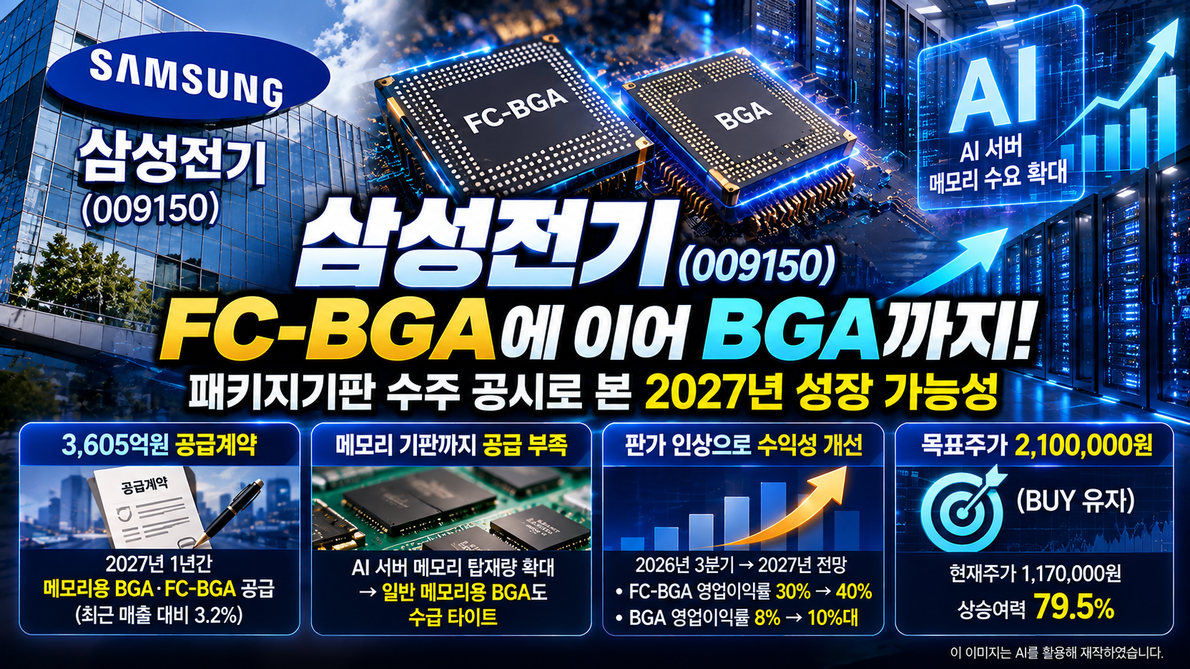 삼성전기(009150) 기업분석, 3,605억원 규모 패키지기판 공급계약과 AI 서버 메모리 수요 확대, FC-BGA 및 BGA 공급 부족에 따른 2027년 수익성 개선 전망과 목표주가 210만원 분석
