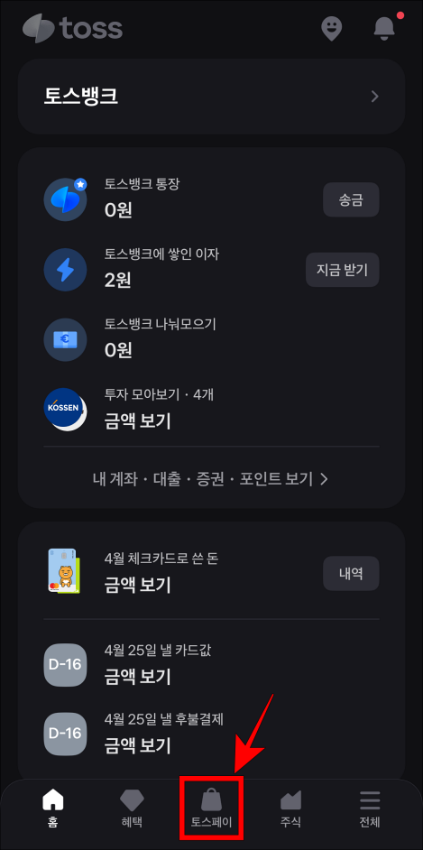 토스 앱의 하단 메뉴 중 토스페이를 선택