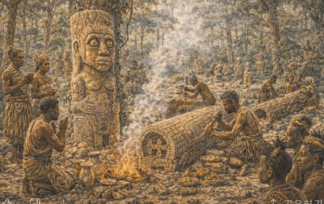 콩고 분지의 열대 우림 속에서 전통 공동체가 나무 정령 신앙과 관련된 의례를 진행하며 통나무 조각상을 제작하는 모습