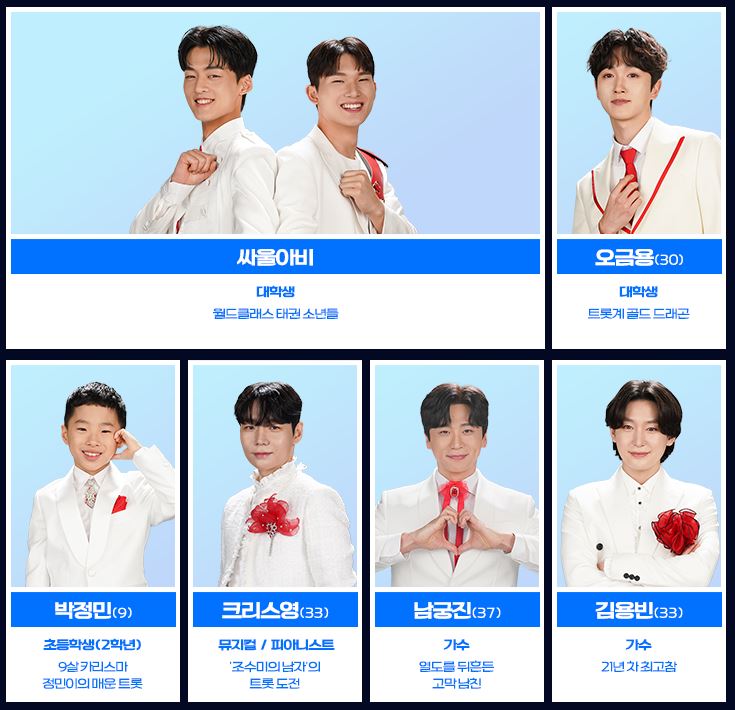 미스터트롯3 참가자 싸울아비, 오금용, 박정민, 크리스영, 남궁진, 김용빈의 사진과 직업 및 특징이 적혀있다.