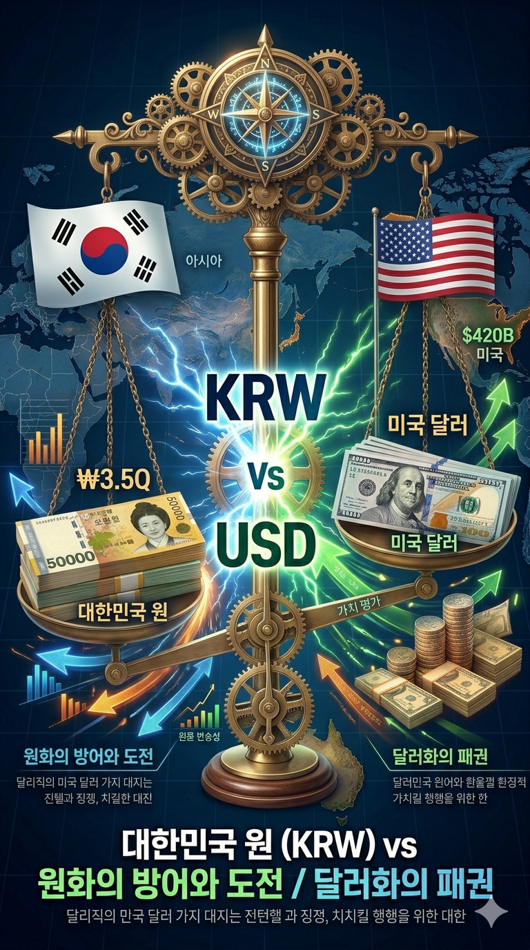 달러 지폐와 한국 원화 지폐를 저울에 달아보는 모습