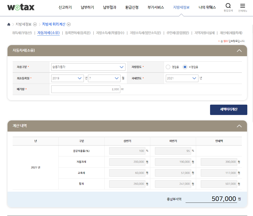위택스를 통해 지방세 계산한 내용