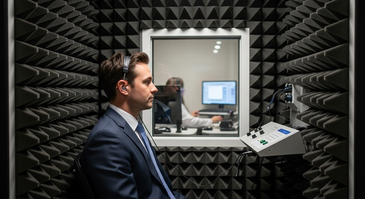 방음 부스에서 청력 검사를 받는 남성