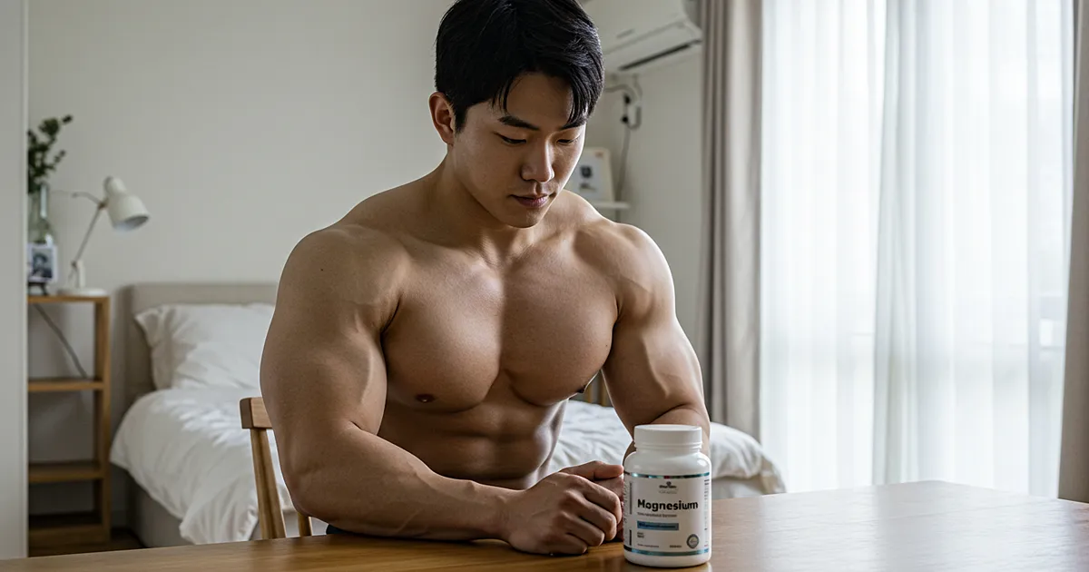 상의 탈의한 근육질 남성이 침실 책상 위에 놓인 마그네슘 영양제를 바라보며 집중하는 장면