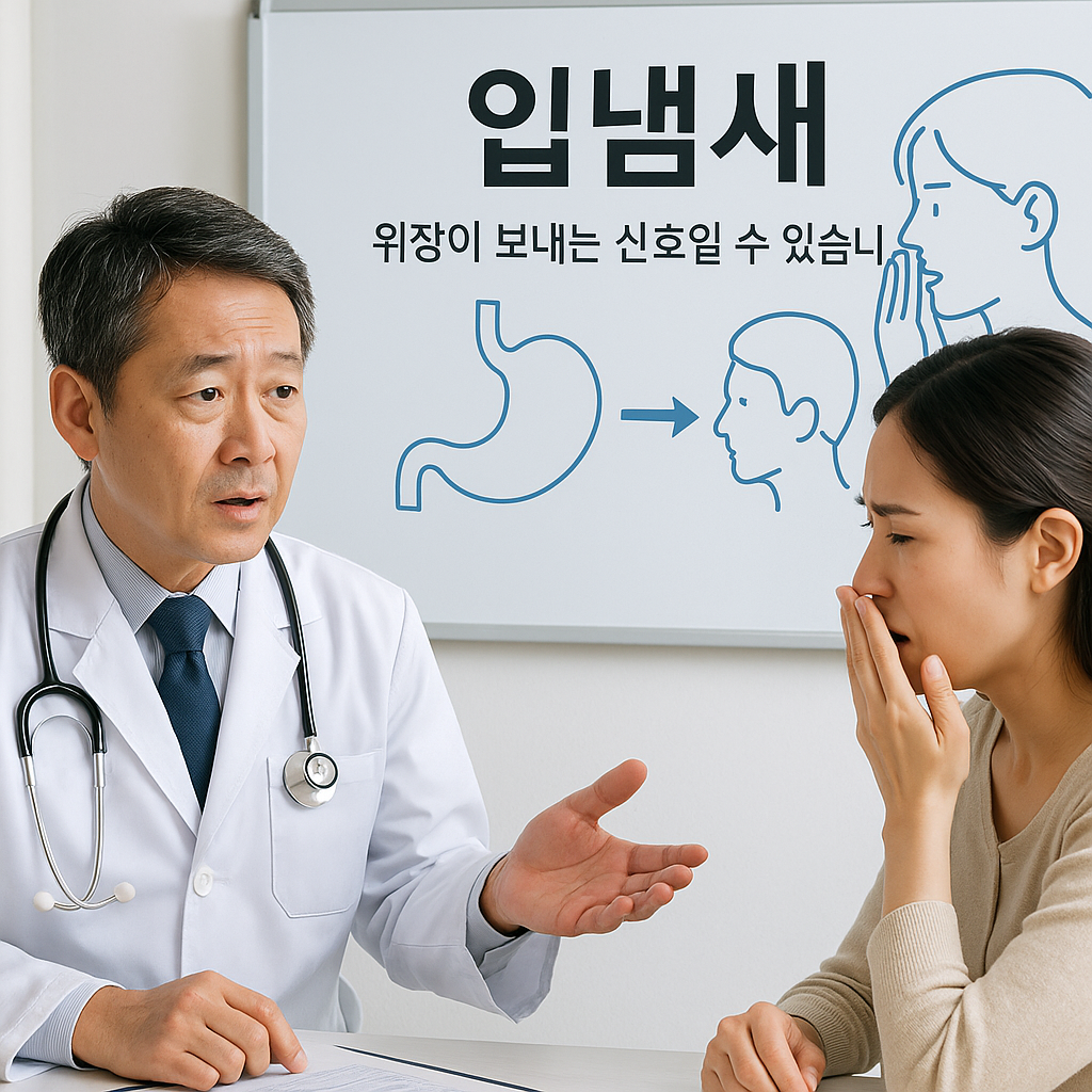 입냄새의 위장 원인을 설명하는 내과 상담 장면