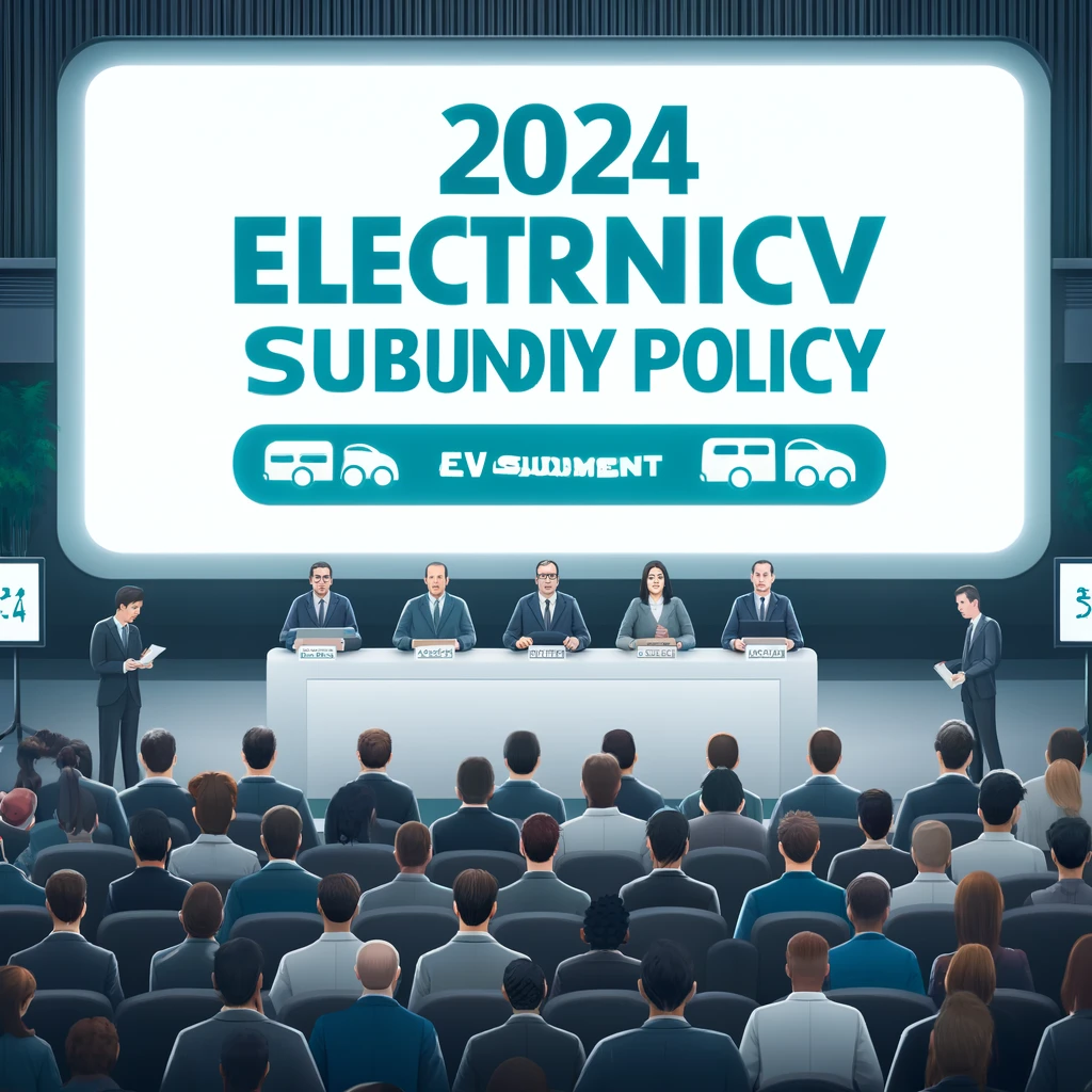 정부 관계자들이 2024년 전기차 보조금 정책을 발표하는 기자회견 장면. 뒤에 '2024 EV Subsidy Policy'라고 적힌 큰 배너가 보이고, 청중은 기자와 시민들로 구성되어 있다.