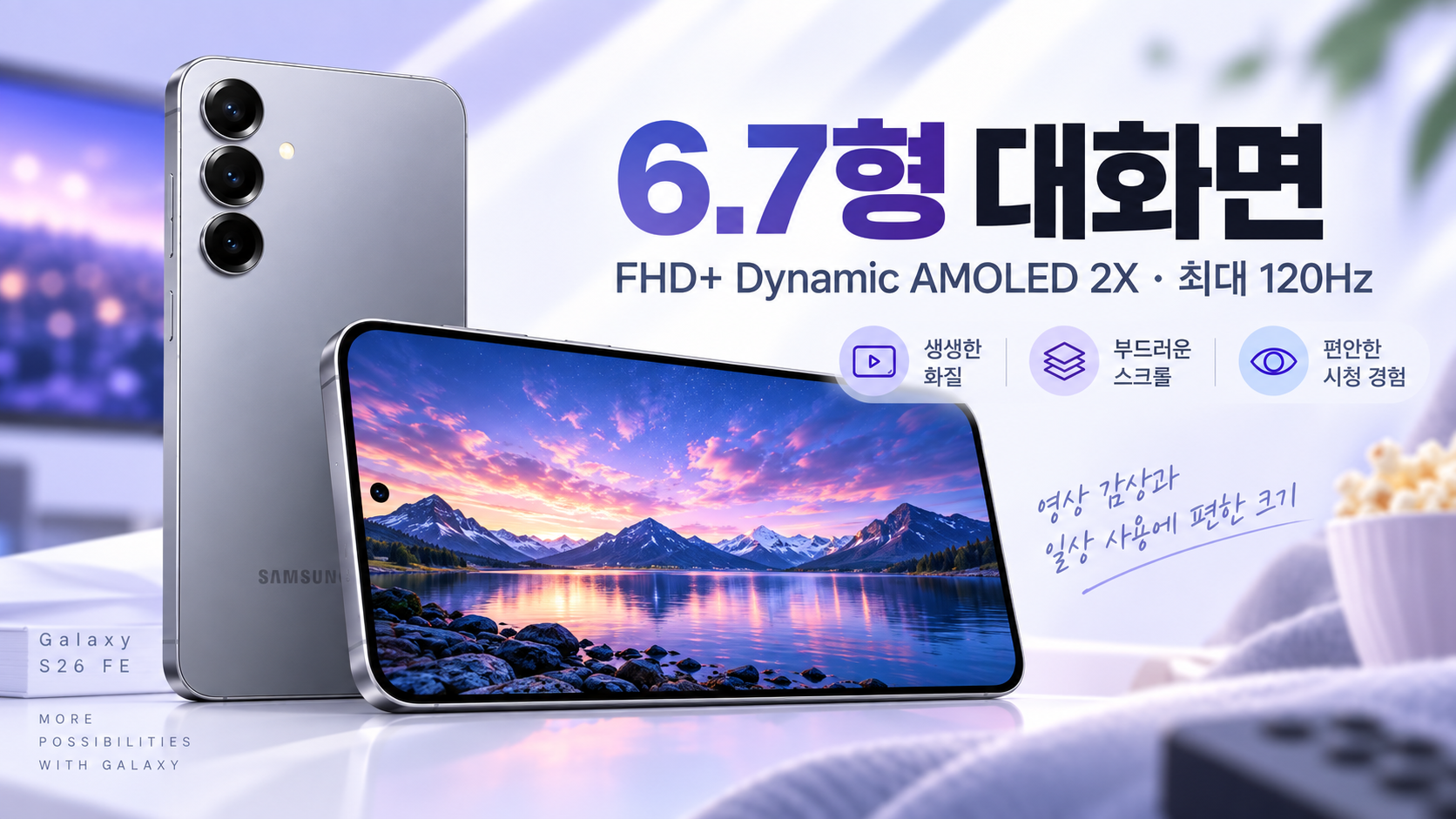갤럭시 S26 FE 6.7형 Dynamic AMOLED 2X 디스플레이와 최대 120Hz 주사율