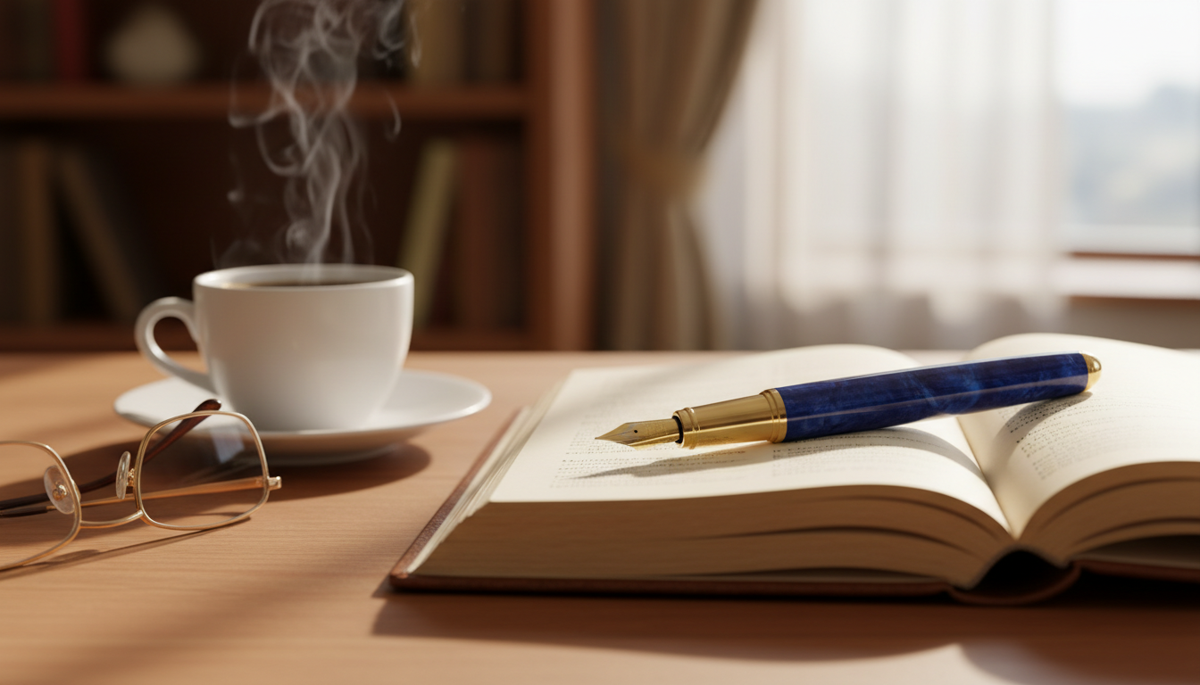 나무 테이블 위에 놓인 고급스러운 가죽 수첩과 그 위에 올려진 만년필, 블랙 커피 한 잔, 돋보기 안경. 접사 촬영, 시네마틱 조명, 전문적인 데스크 세팅, 매우 얕은 피사계 심도. 사람은 보이지 않음.