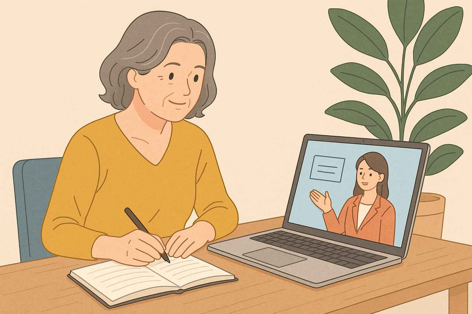 노트북으로 온라인 수업을 듣는 중장년 여성 일러스트