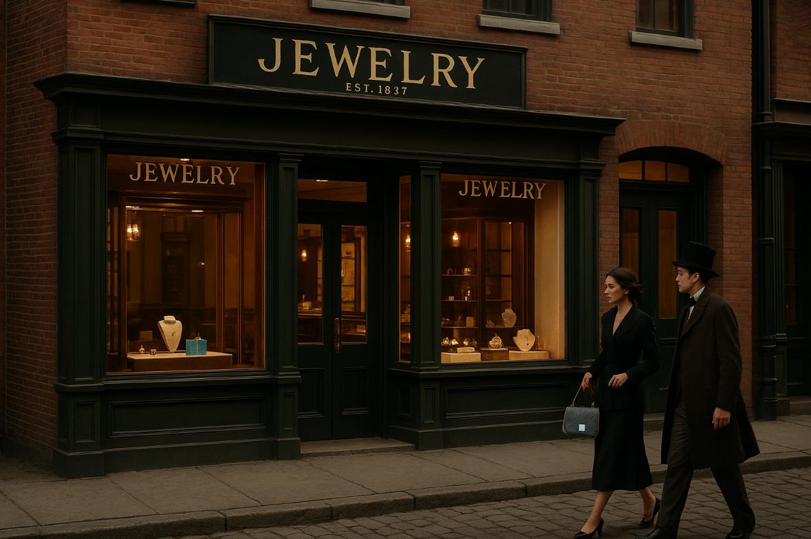 1830년대 뉴욕 시내의 작은 보석상 진열대를 바라보며 거리를 걷는 남녀의 모습