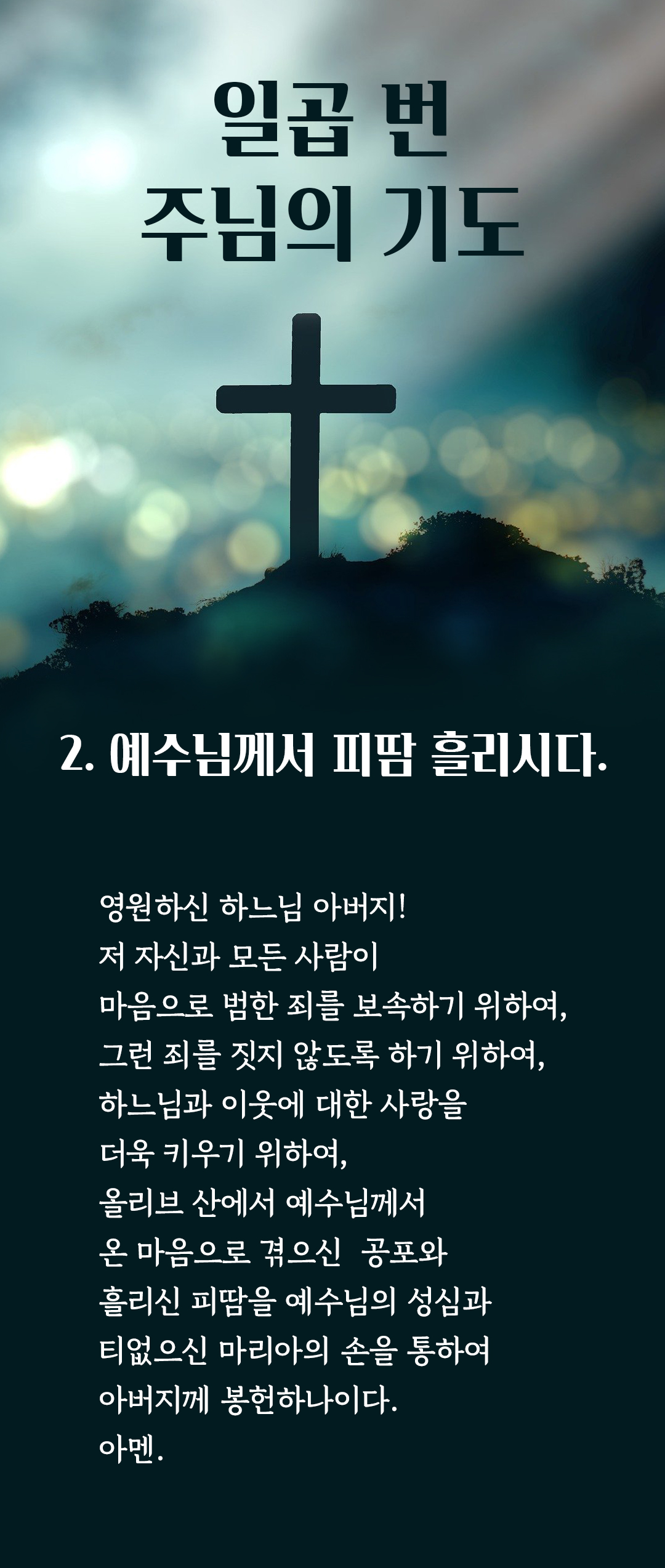 성녀 비르지타(St. Birgittas : 스웨덴 성인 비르짓다)의 일곱 번 주님의 기도 2. 예수님께서 피땀 흘리시다. : 영원하신 하느님 아버지! 저 자신과 모든 사람이 마음으로 범한 죄를 보속하기 위하여&#44; 그런 죄를 짓지 않도록 하기 위하여&#44; 하느님과 이웃에 대한 사랑을 더욱 키우기 위하여&#44; 올리브 산에서 예수님께서 온 마음으로 겪으신 공포와 흘리신 피땀을 예수님의 성심과 티없으신 마리아의 손을 통하여 아버지께 봉헌하나이다. 아멘