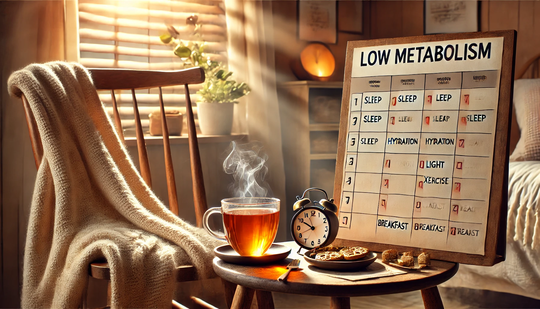 햇살이 부드럽게 비치는 창가. 조용하고 차분한 분위기 속에서 하루를 천천히 시작하는 모습을 담은 장면.