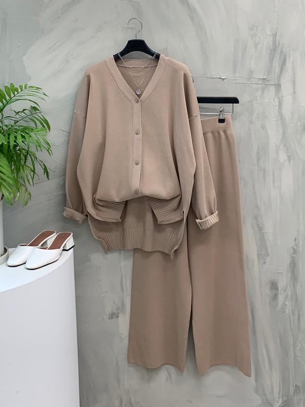 프레디 브이넥 가디건 와이드 밴딩 니트 팬츠 세트