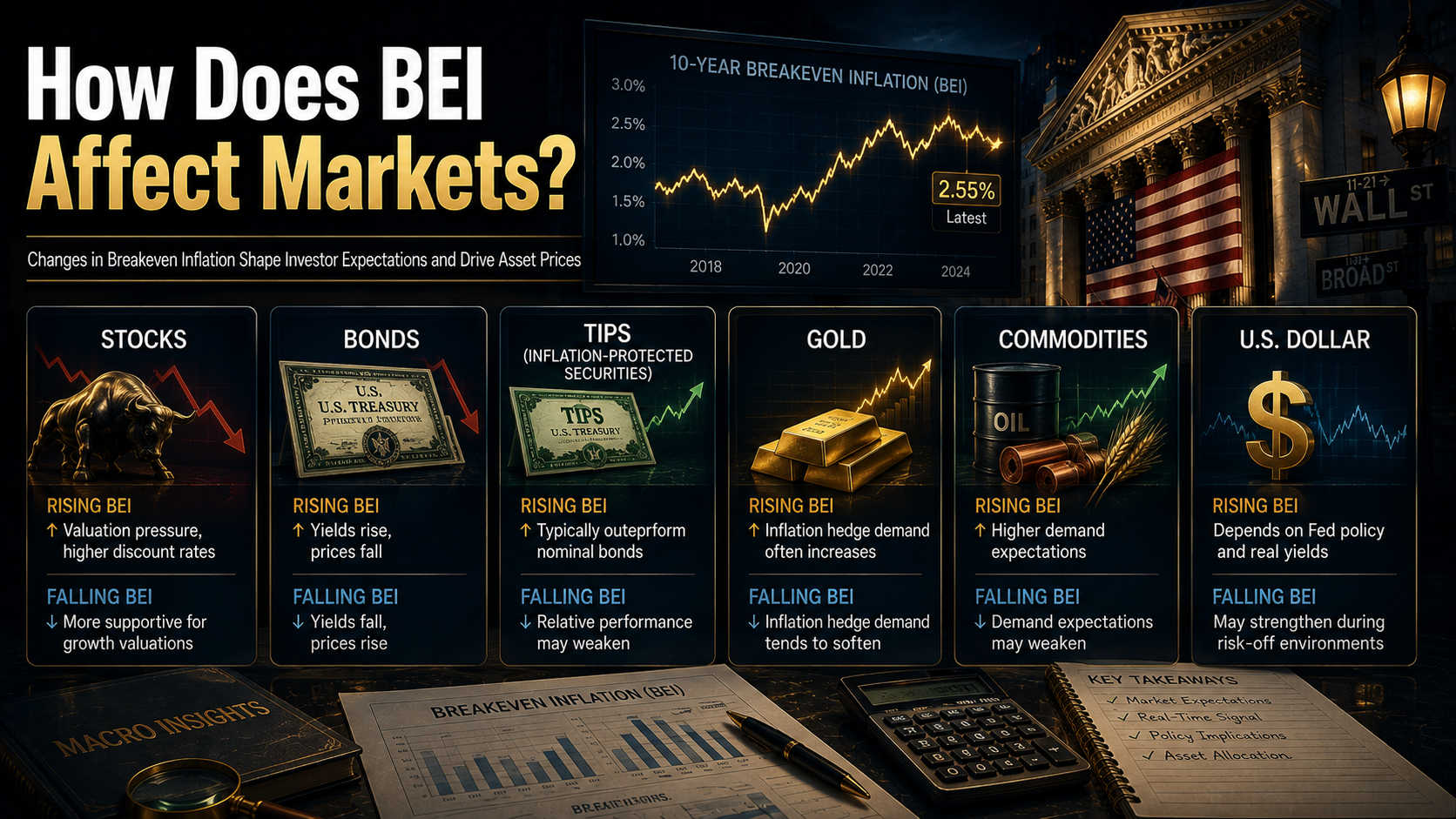 Breakeven Inflation impact on stocks, bonds, TIPS, gold, commodities, and the U.S. dollar.
