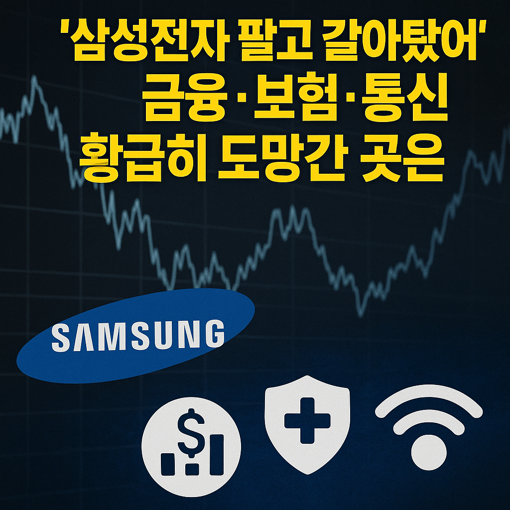 삼성전자 로고 아래로 금융&middot;보험&middot;통신을 상징하는 아이콘과 시장 변동 그래프가 배경으로 들어간 주식 투자 트렌드 썸네일 이미지