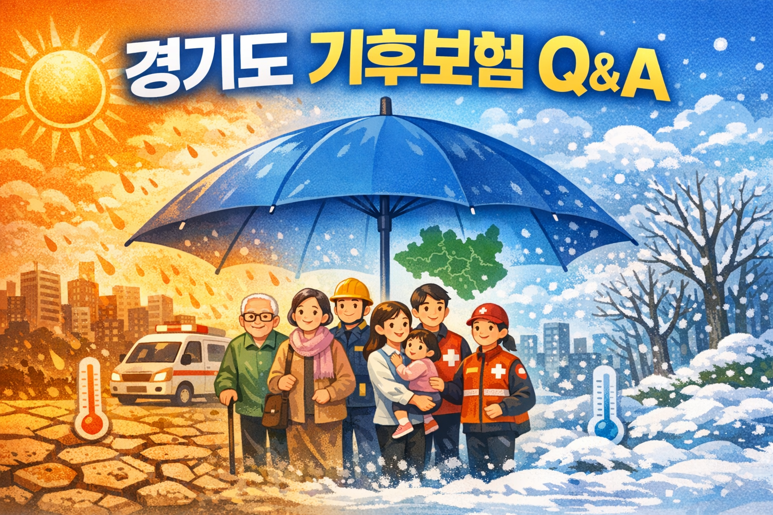 경기도 기후보험 Q&amp;A 배너 이미지. 파란 우산 아래 다양한 도민들이 폭염과 한파로부터 보호받는 모습. 왼쪽은 뜨거운 태양과 갈라진 땅, 오른쪽은 눈 내리는 겨울 풍경이 대비되어 기후보험의 안전망을 상징함