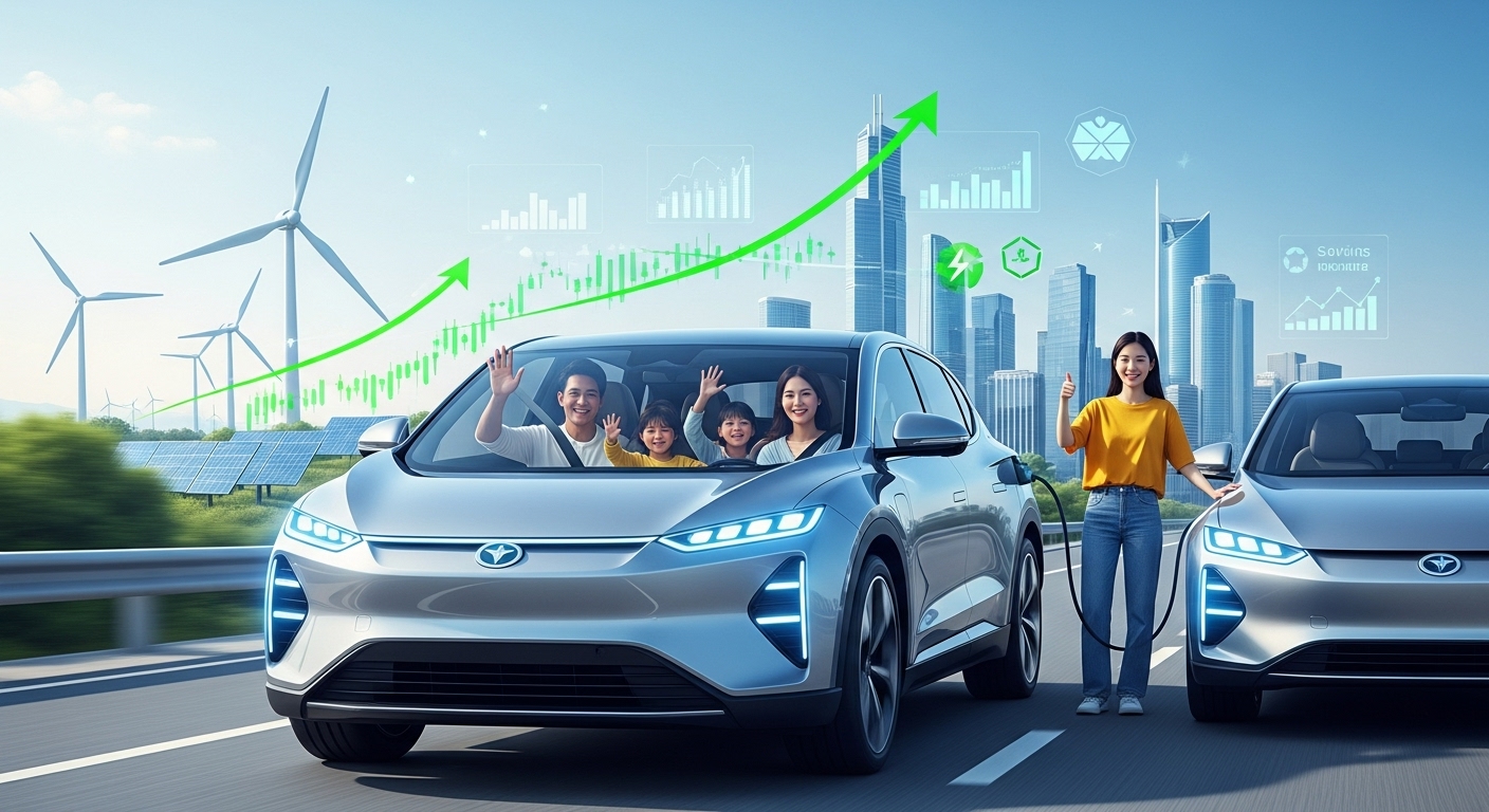 2025년 전기차 보조금 확대로 활짝 웃는 청년과 다자녀 가족이 전기차와 함께 있는 모습, 미래지향적인 도시 배경.