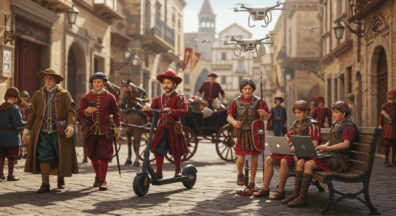 르네상스 도시 풍경 속 과거 인물들과 현대 문물이 섞인 장면