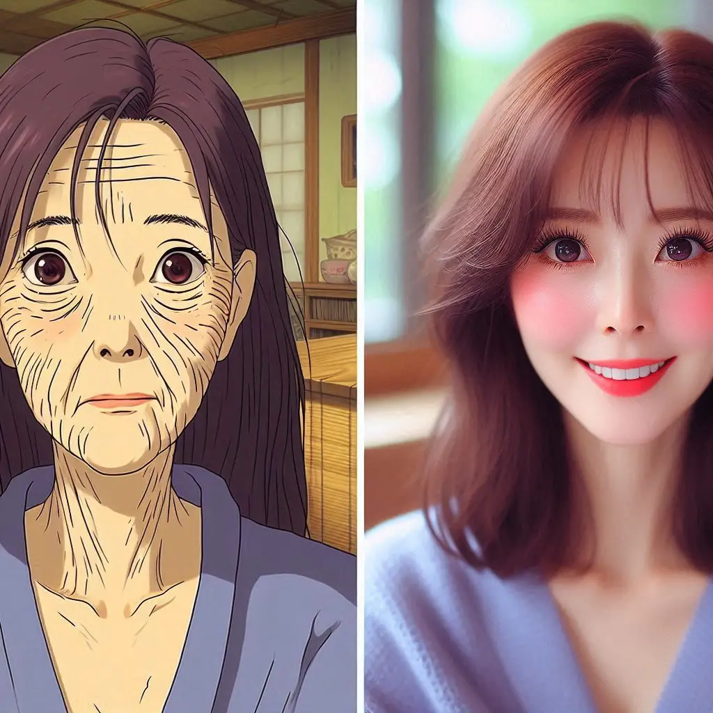 주름이 있는 얼굴과 아닌 얼굴의 대비