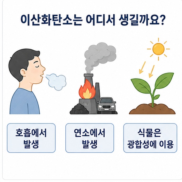 이산화탄소가 사람의 호흡과 연소에서 발생하고 식물이 광합성에 이용하는 탄소순환을 보여주는 그림