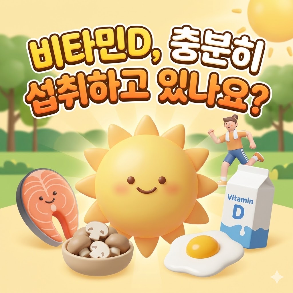 비타민D 하루 권장량을 상징하는 귀여운 햇살 캐릭터와 건강한 음식, 햇빛을 즐기는 사람들의 3D 카툰 일러스트. '비타민D, 충분히 섭취하고 있나요?' 문구가 포함되어 있다.