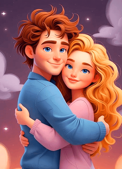 갈색머리 백인 남자와 금발의 긴머리 여자가 서로 부둥켜 안고 있다. 파란 눈을 가진 젊은 백인 커플이다.