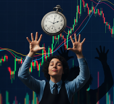 복잡하고 예측 불가능한 주식 시장 그래프가 배경에 펼쳐져 있고, 한 사람이 눈을 감고 손가락으로 공중에 떠 있는 시계를 잡으려는 모습. '매매 타이밍 예측의 어려움'과 '시장 변동성'을 상징