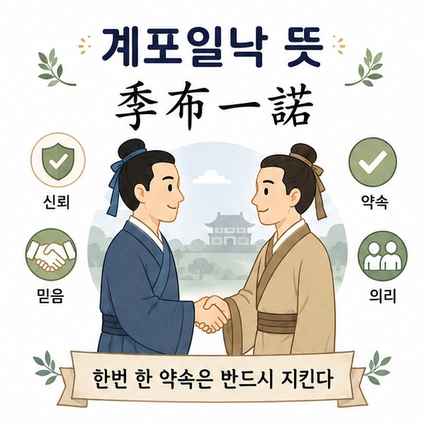 계포일낙 뜻과 한자 季布一諾을 함께 보여주는 사자성어 학습 이미지