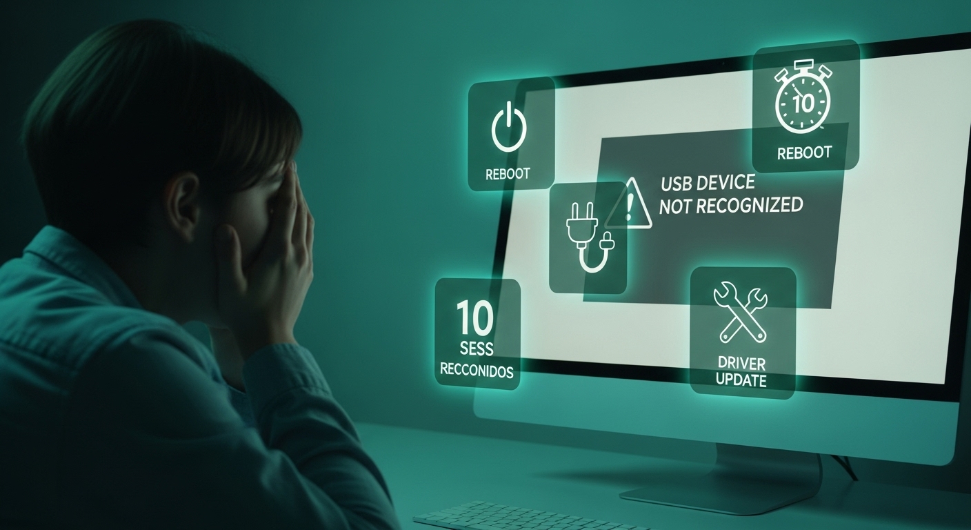 USB 인식 오류 메시지가 뜬 컴퓨터 화면을 보며 좌절하는 사람과 10초 해결책 아이콘들이 빛나는 모습.