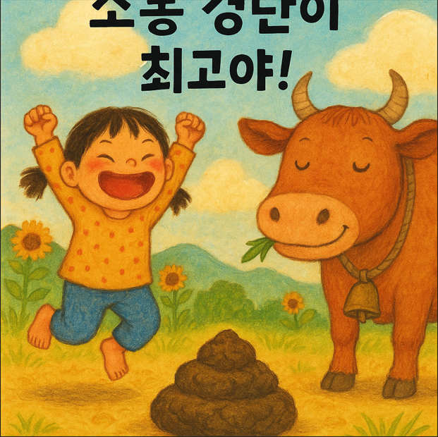 소녀가 소똥 경단 앞에서 신나게 뛰며 소와 함께 있는 장면