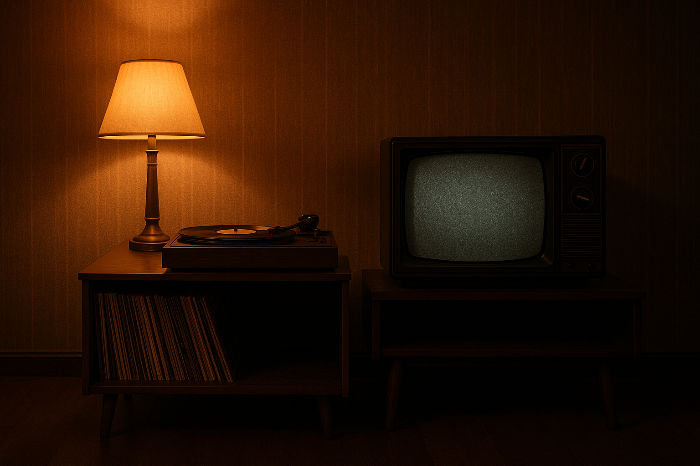 따뜻한 조명 아래 턴테이블과 브라운관 TV가 있는 레트로 거실