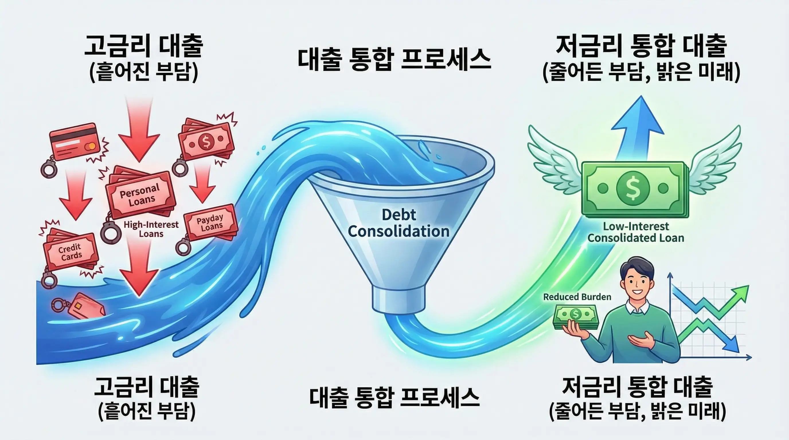 여러 갈래로 흩어진 고금리 대출을 하나의 저금리 대출로 통합하여 부담을 줄이는 인포그래픽