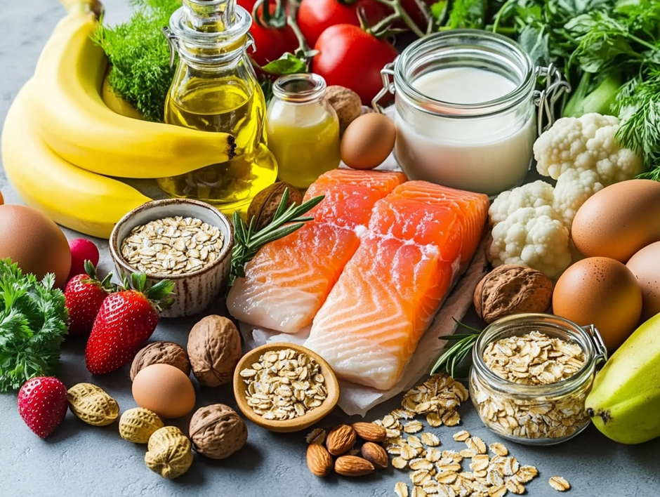 이 사진은 신선하고 건강한 식재료들을 한데 모아 놓은 모습입니다.연어, 바나나, 딸기, 호두, 아몬드, 귀리(오트밀), 계란, 우유, 올리브 오일, 콜리플라워, 토마토, 채소, 로즈마리, 해바라기씨, 아몬드, 병에 담긴 오일, 병에 담긴 귀리등이 있으며 신선한 자연 식품들이 강조되어 있으며, 균형 잡힌 식단이 인체 건강에 미치는 긍정적인 영향을 시각적으로 표현하고 있습니다.