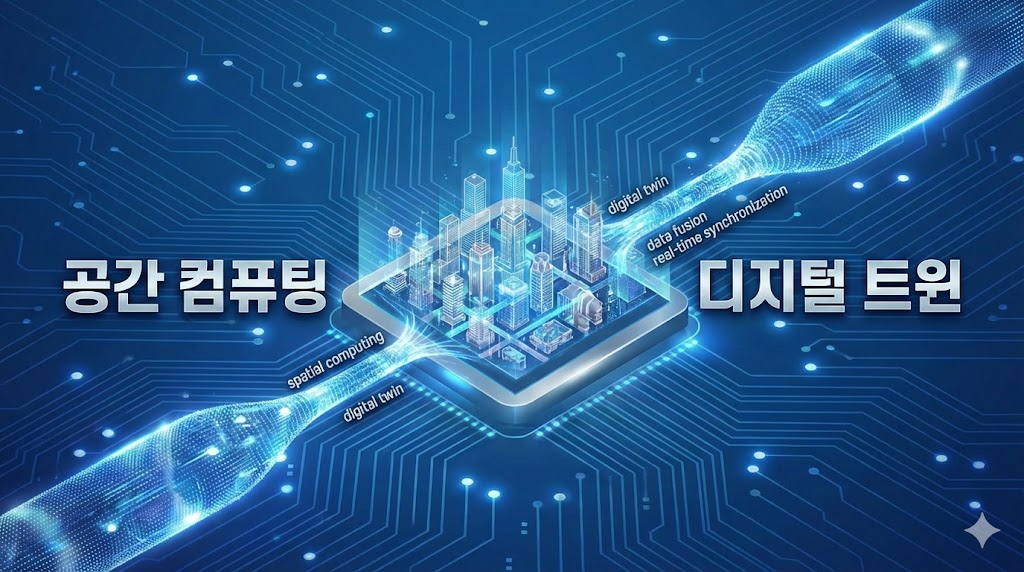 공간 컴퓨팅과 디지털 트윈 기술 융합을 나타낸 인포그래픽 디자인