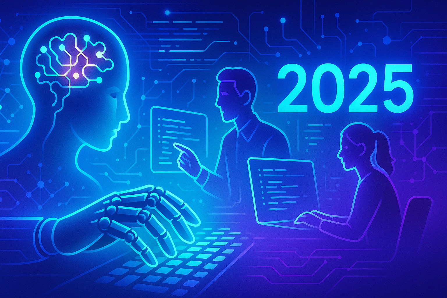 2025년 AI 전망과 인공지능 산업 미래를 나타내는 디지털 일러스트, 개발자를 위한 AI 전략과 에이전트 AI 기술 트렌드 시각화