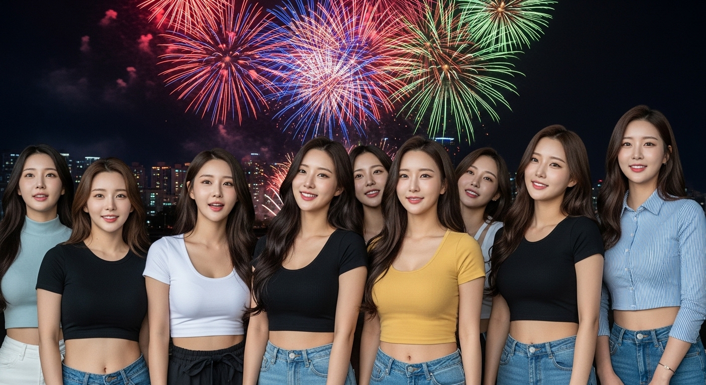 불꽃축제를 구경하는 여인들