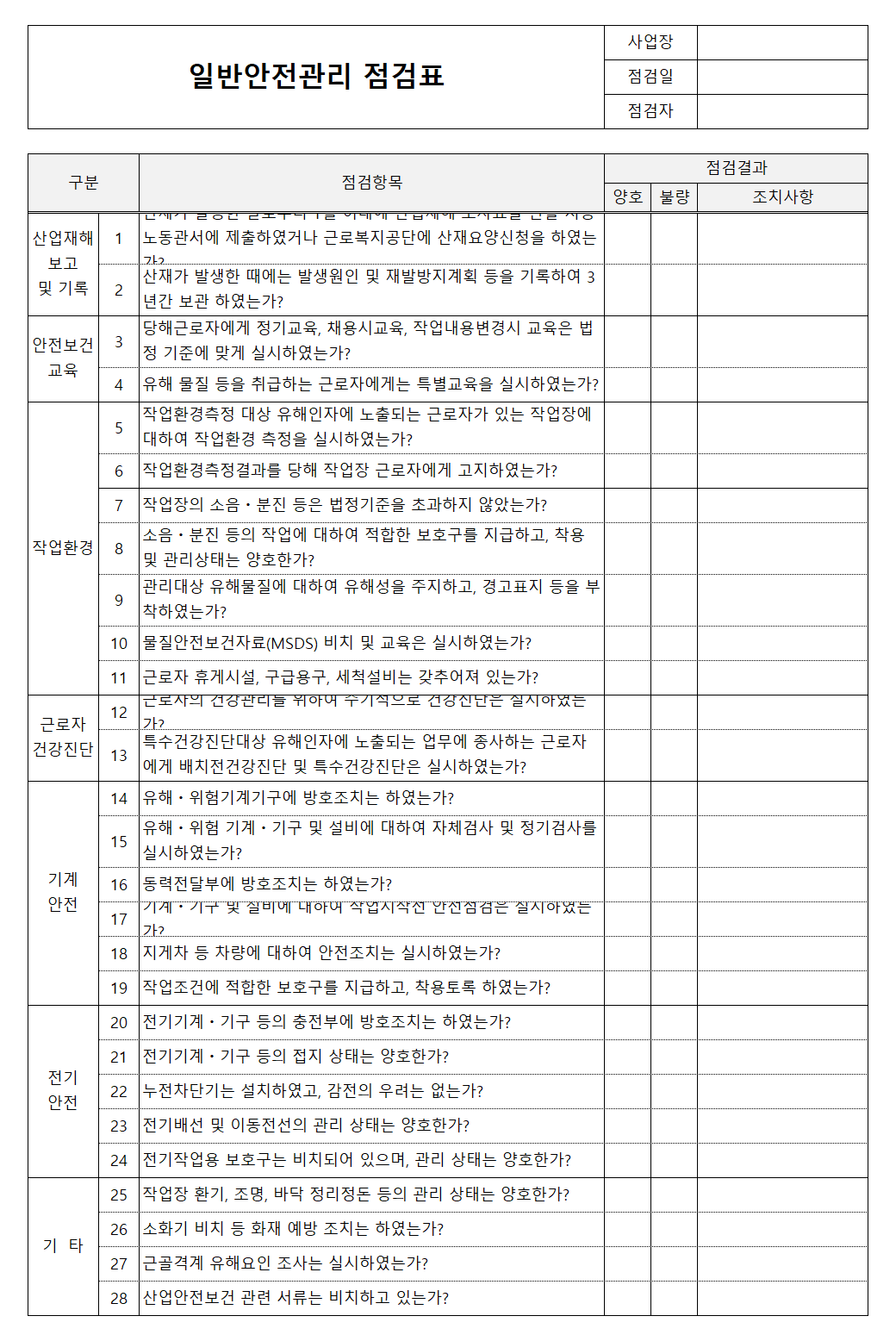 일반안전관리 점검표