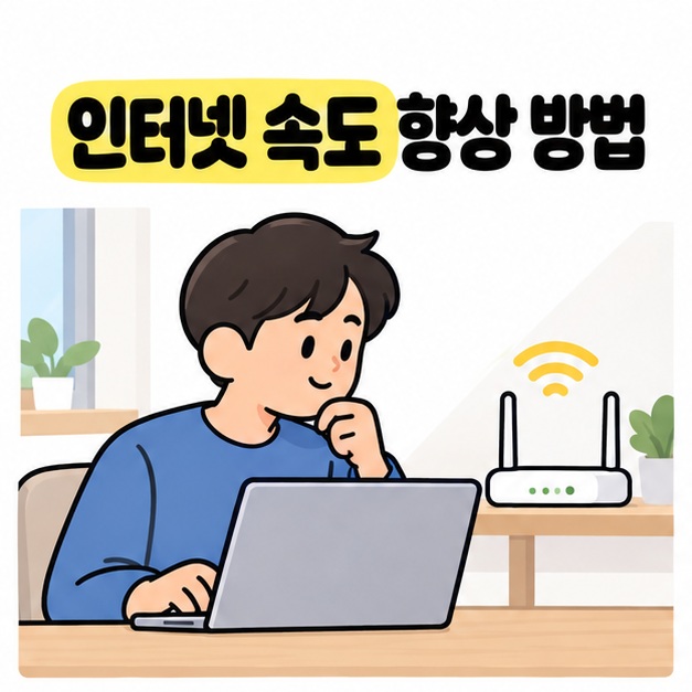 인터넷 속도 향상 방법 제목 아래 집 안 책상에서 노트북을 사용하는 사람이 옆에 놓인 공유기를 확인하는 모습