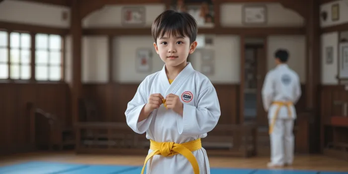 도장에서 노란띠를 스스로 매고 있는 아이